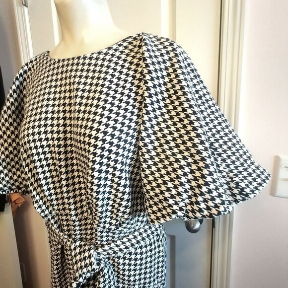 Zara Belted Houndstooth Midi Dress Pouf Sleeves L Academia Preppy Old Money - Picture 4 of 6